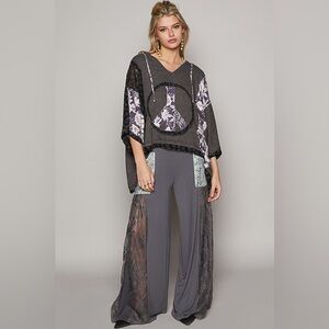 126B. Oversized Floral Peace Patch Lace Top - Charcoal Black